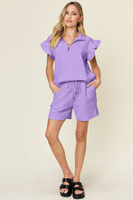 Load image into Gallery viewer, Double Take Full Size Texture Flounce Sleeve Top and Drawstring Shorts Set
