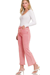 ACID WASHED HIGH WAIST FRAYED HEM BOOTCUT PANTS