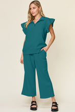 Load image into Gallery viewer, Double Take Texture Ruffle Short Sleeve Top and Drawstring Wide Leg Pants Set
