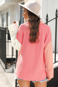 Pocketed Color Block Collared Neck Long Sleeve Shirt