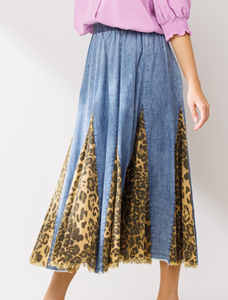 Leopard Panel Chambray Skirt