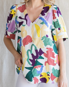 Abstract Floral Linen Blouse