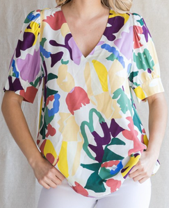 Abstract Floral Linen Blouse