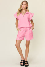 Load image into Gallery viewer, Double Take Full Size Texture Flounce Sleeve Top and Drawstring Shorts Set
