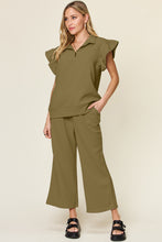 Load image into Gallery viewer, Double Take Texture Ruffle Short Sleeve Top and Drawstring Wide Leg Pants Set
