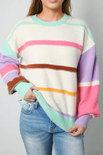 Load image into Gallery viewer, Contrast Striped Round Neck Drop Shoulder Sweater
